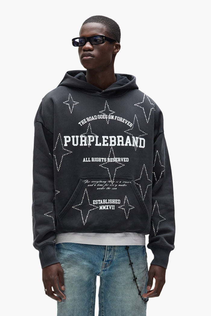 Stacked Crystal Stars Hoodie in light wash, oversized fit, made of 100% cotton heavyweight fleece.