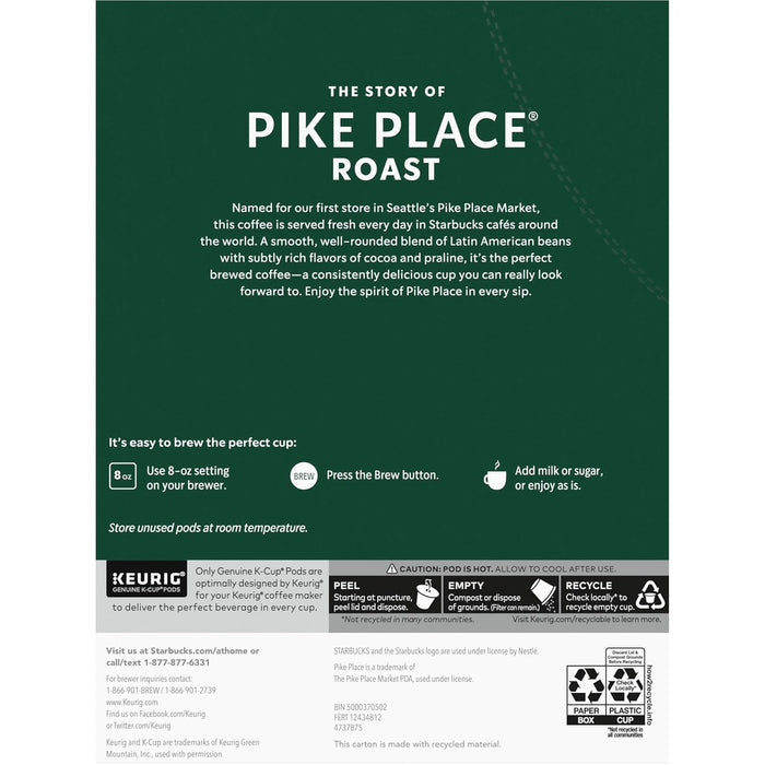 Starbucks K-Cup Coffee Pods, Medium Roast Hot or Iced Coffee, Pike Place Roast, 96 Keurig Pods