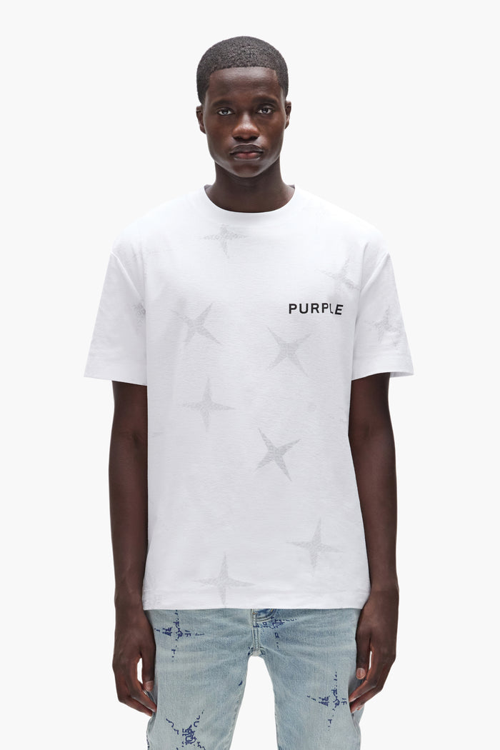 White cotton Stars Tee with star design and Purple Brand logo on the left chest.