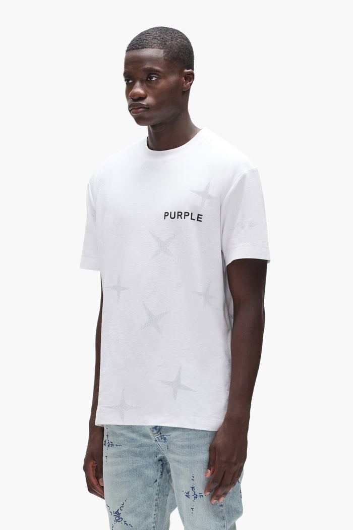 White Stars Tee with star design and Purple Brand logo, available in multiple sizes.