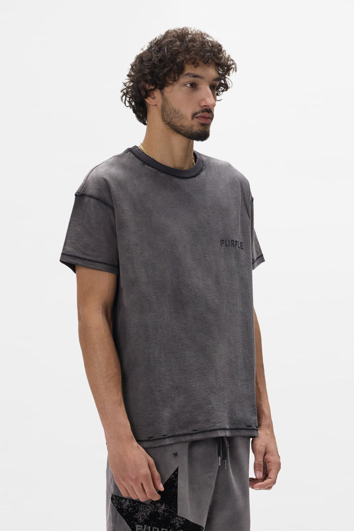 Stencil Wordmark Tee in brown, 100% cotton, regular fit, textured jersey, heavy distressed wash.