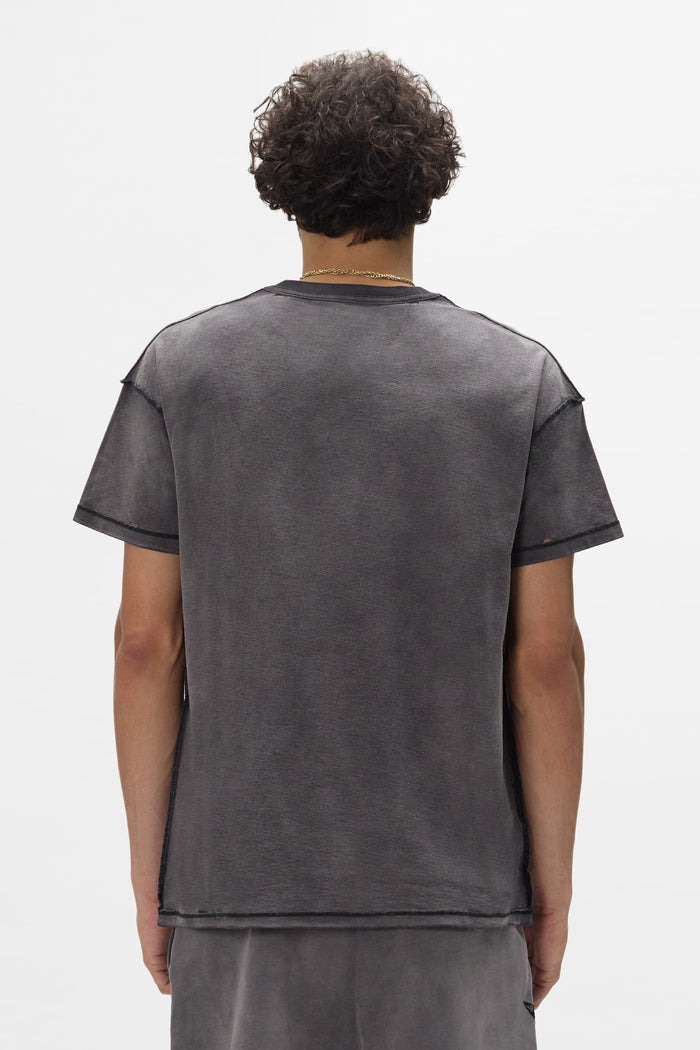 Stencil Wordmark Tee in brown, 100% cotton, regular fit, textured jersey, heavy bleached wash.