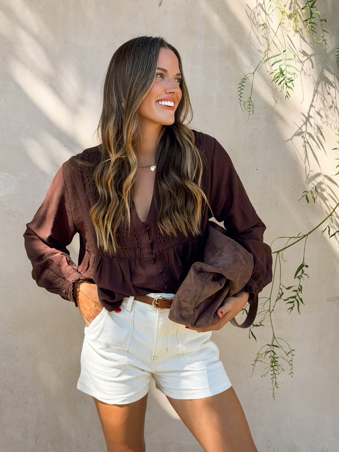 Stevie Eyelet Blouse in Brown - Stitch And Feather