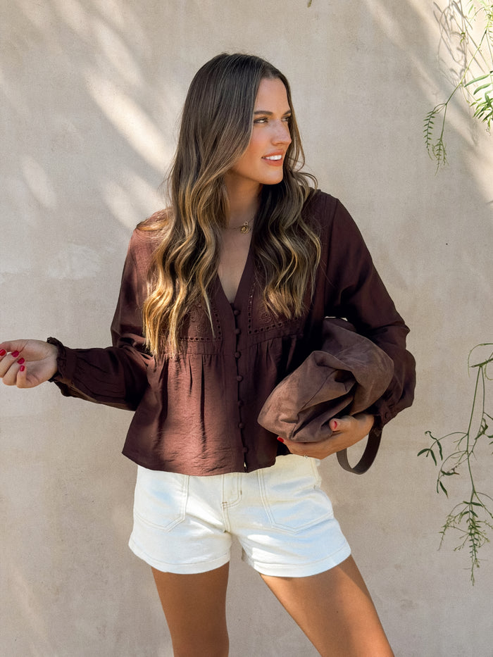 Stevie Eyelet Blouse in Brown - Stitch And Feather