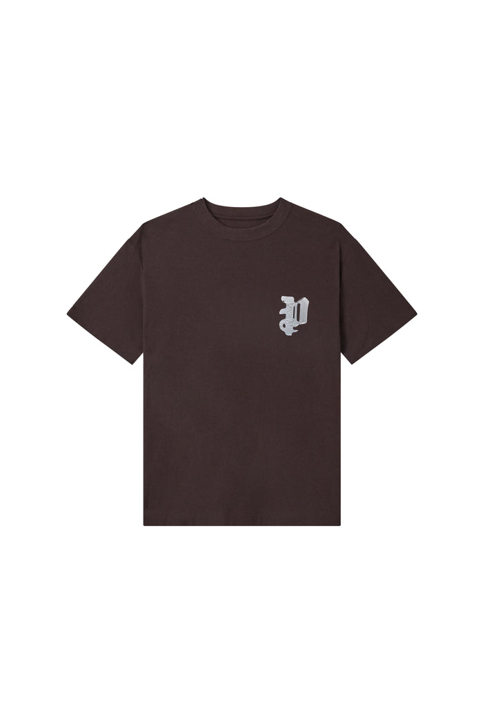 Taped Wordmark Tee in light brown, regular fit, 100% cotton textured jersey material.
