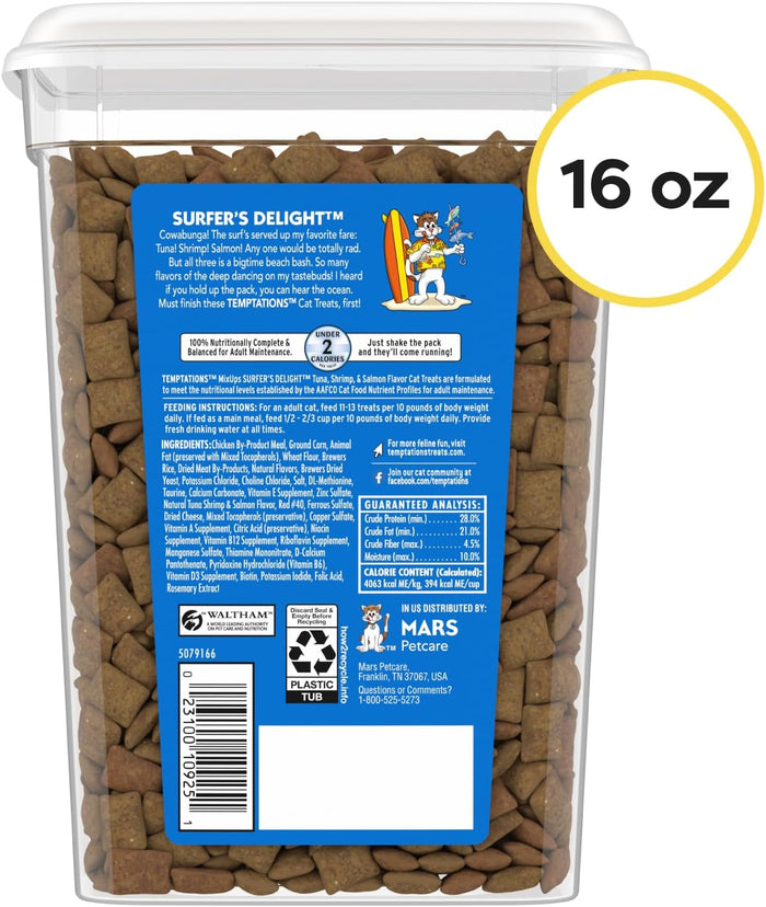 Temptations Cat Treats MixUps Surfer's Delight, Tuna, Shrimp, Salmon Flavor, Crunchy and Soft Cat Treats, 16 oz. Tub