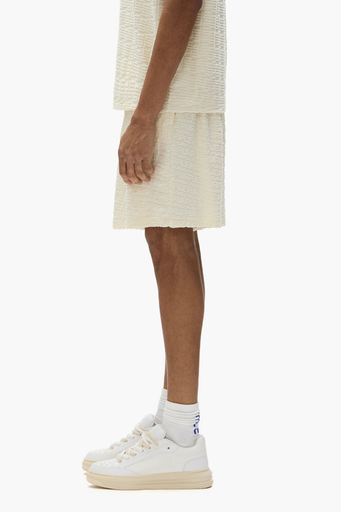 Terry Logo Shorts in tonal camo pattern with pull-on stretch waistband, available in XS-XXL.