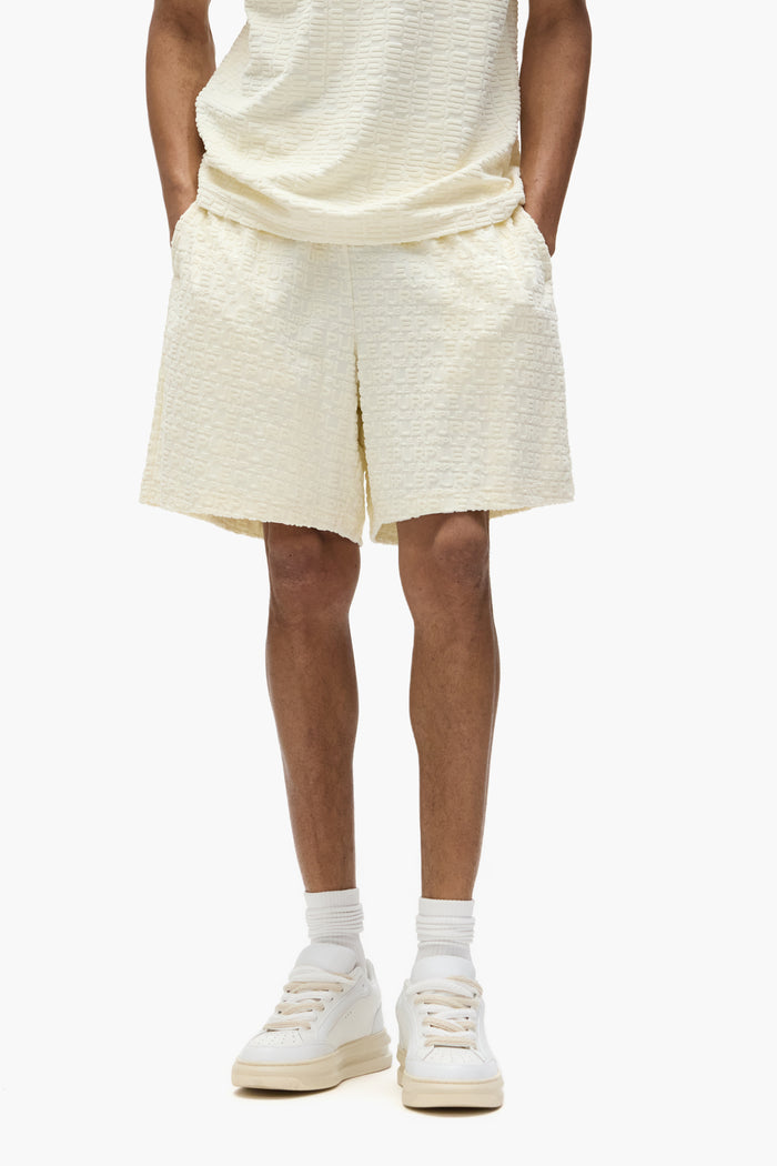 Terry Logo Shorts in tonal camo jacquard, featuring a relaxed fit and pull-on waistband.