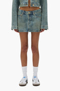Tiled Overlay Mini Skirt with front zipper fly and 5 pocket style in various sizes.