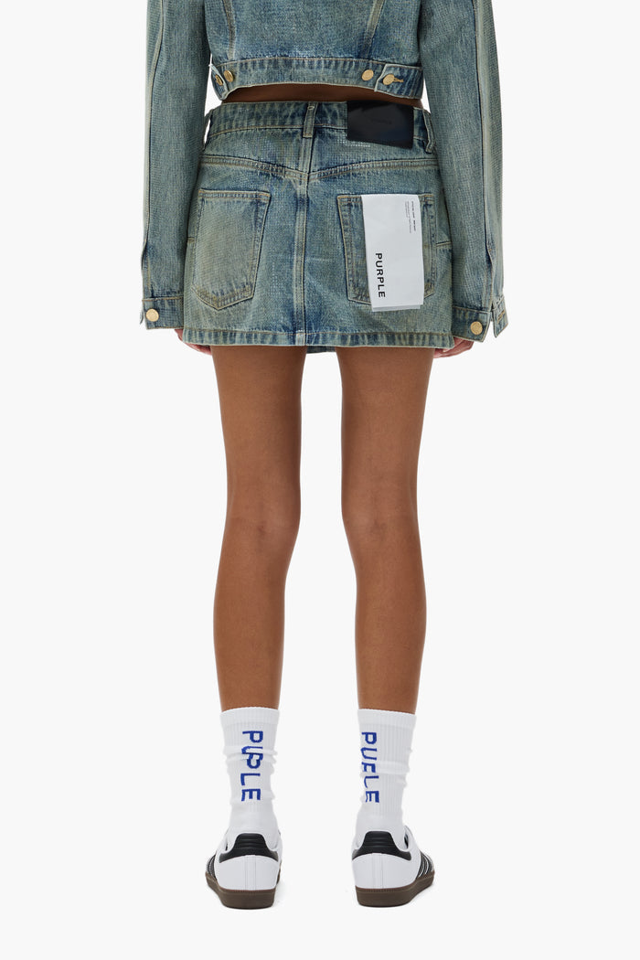 Tiled Overlay Mini Skirt with front zipper fly and 5 pocket style in cotton fabric