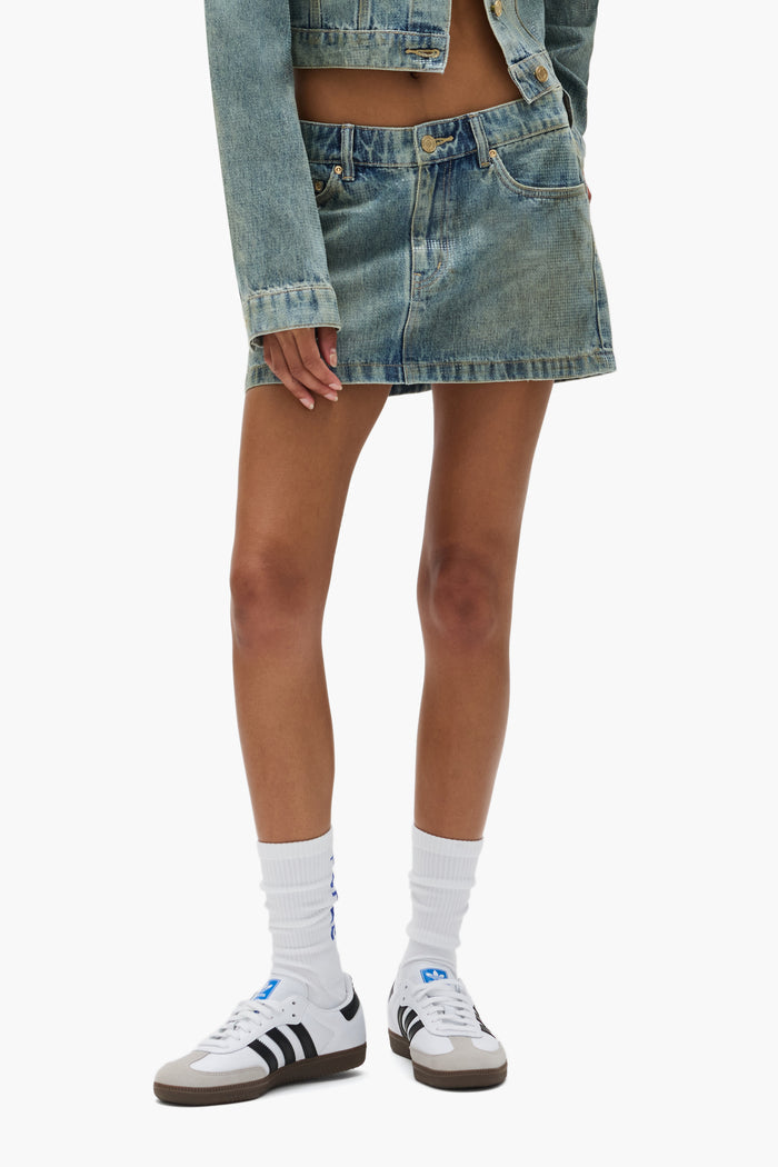 Tiled Overlay Mini Skirt with front zipper, 5 pocket style, and reinforced belt loops.