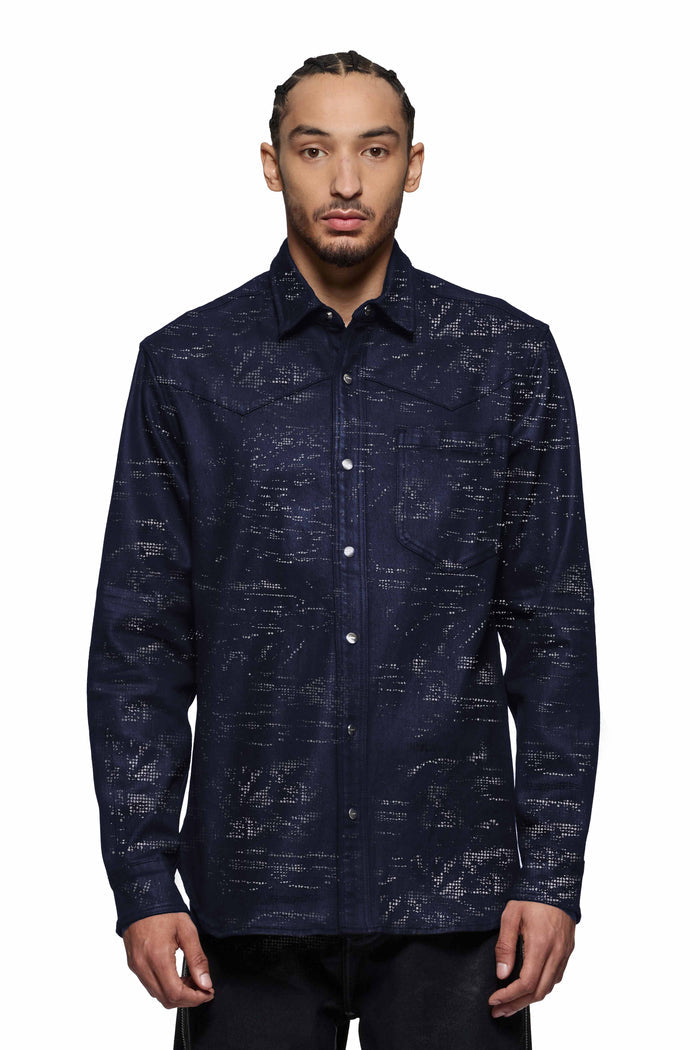 Tiled Overlay Shirt in dark indigo wash with tiled overlay texture and front chest pocket.