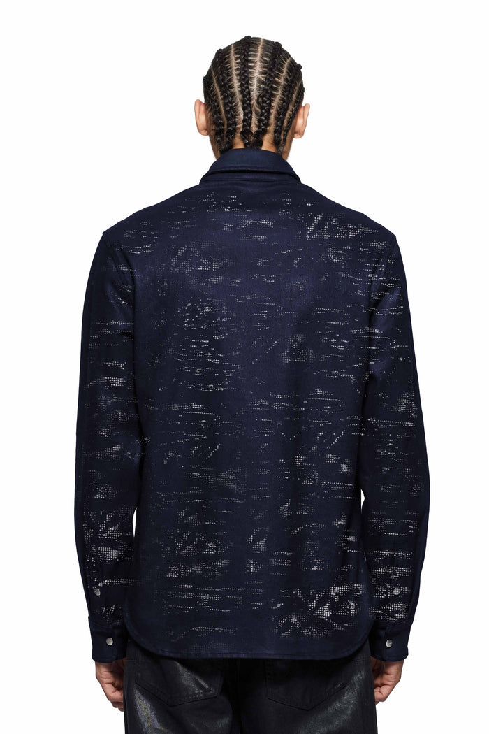 Tiled Overlay Shirt in dark indigo wash with front chest pocket and western-style yoke.