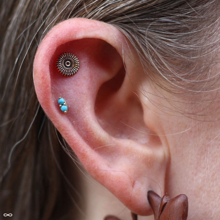 Outer helix piercing with Totem Press-fit End in Gold from Maya Jewelry