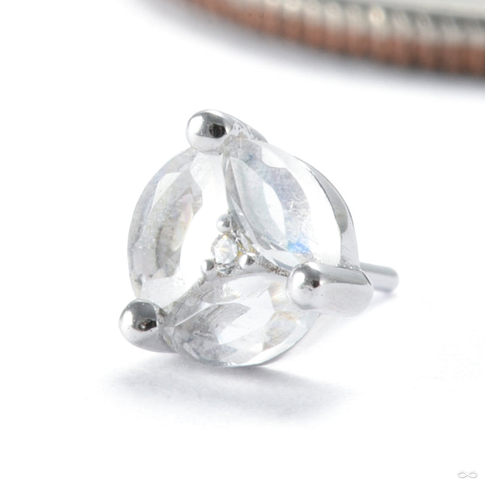 Triple Threat Press-fit End in Gold from Ember Body Jewelry with rainbow moonstone & clear CZ
