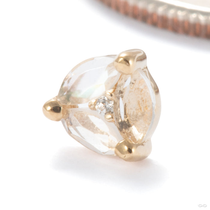 Triple Threat Press-fit End in Gold from Ember Body Jewelry with rainbow moonstone & clear CZ