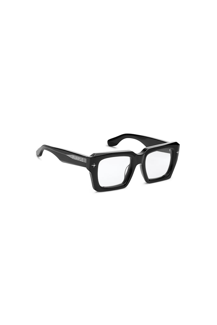 Black square-frame eyeglasses with clear lenses and subtle silver geometric accents on the temples, shown against a plain white background.