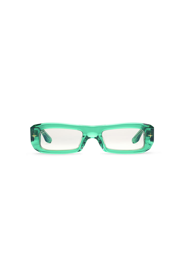 Mercer rectangular sunglasses with semi-transparent acetate frame and light silver tinted lenses.