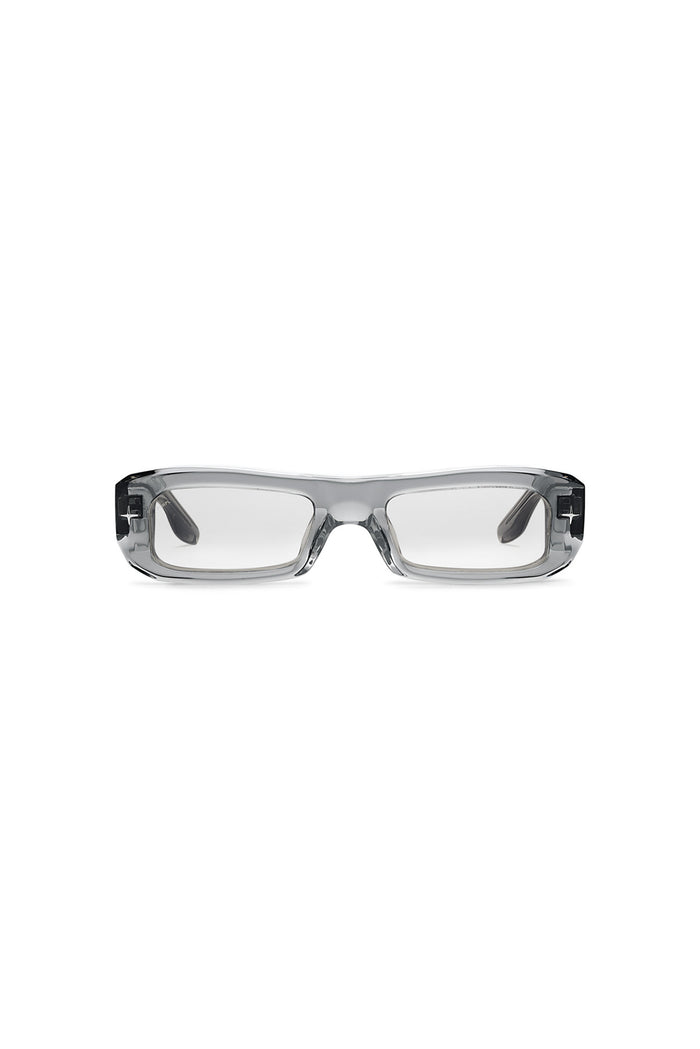 V002 Mercer rectangular sunglasses with semi transparent acetate frame and light silver tinted lenses
