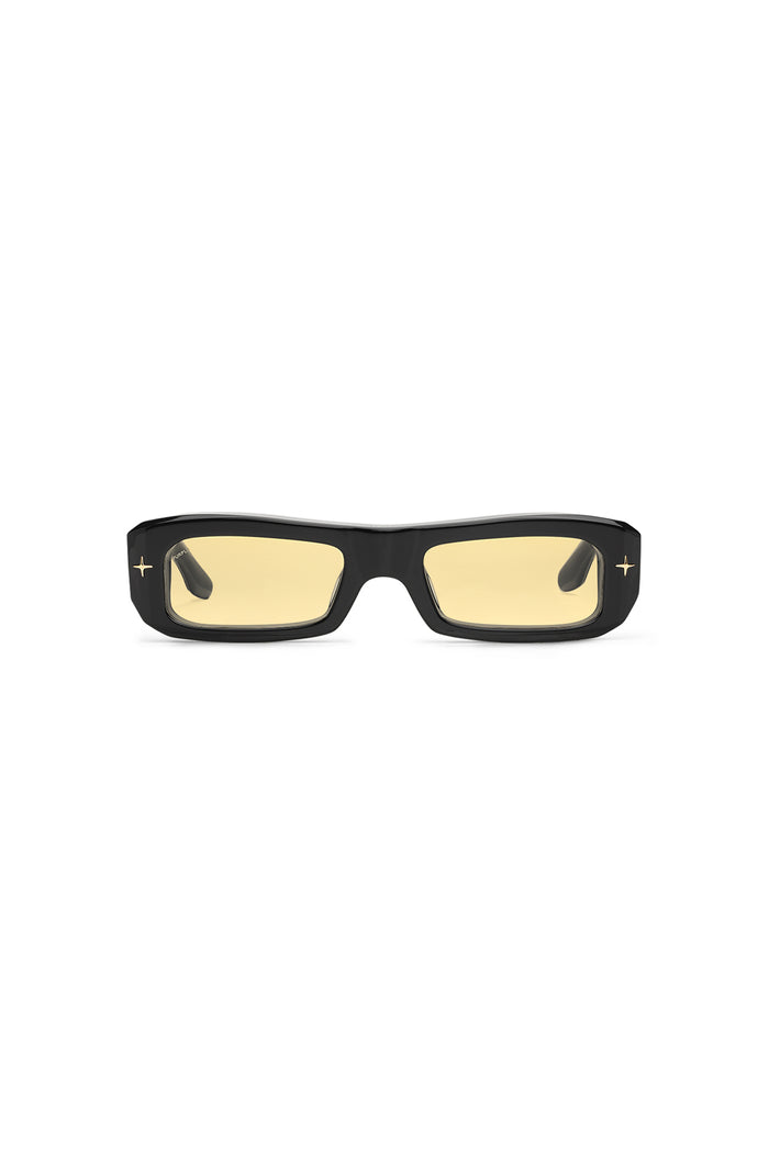 Mercer sunglasses in rectangular shape with warm yellow tinted TRX lenses and acetate frame.