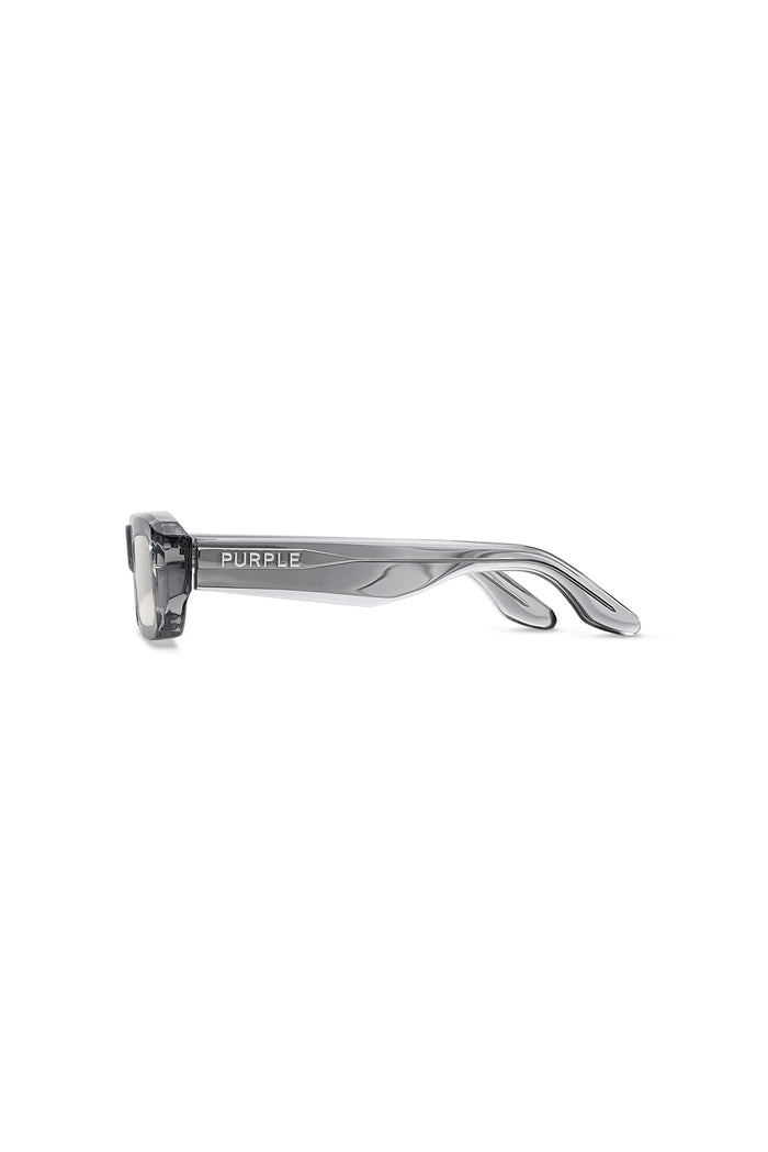 V002 Mercer sunglasses, rectangular acetate frame, semi-transparent, light silver tinted lenses.