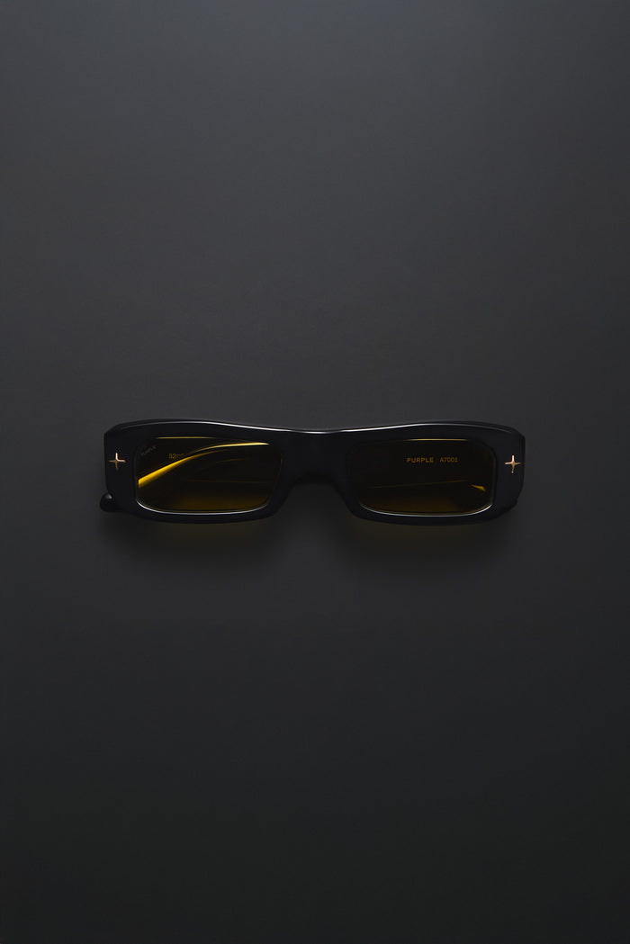 V002 Mercer rectangular sunglasses with warm yellow tinted TRX lenses and acetate frame.