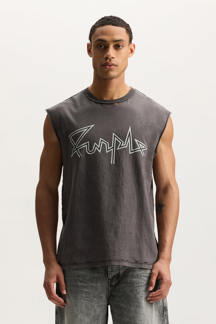 Voltage Script Tank Top in textured jersey with crackle print and hard acid wash.