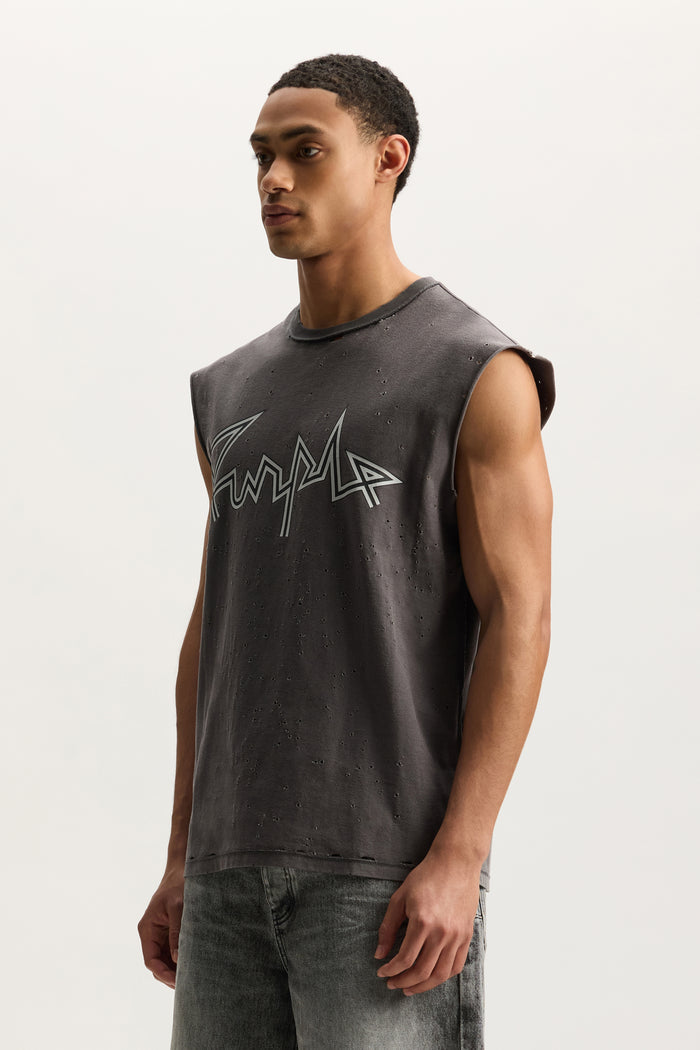 Voltage Script Tank Top, white, textured jersey, regular fit with crackle print.