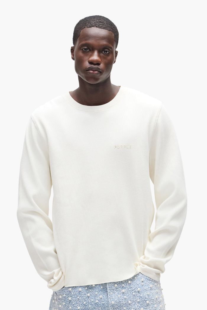 Waffle Long Sleeve Tee in white, made of 98% cotton and 2% spandex, available in multiple sizes.