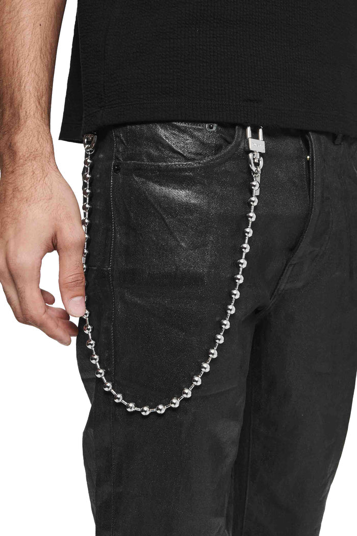 Silver-tone wallet ball chain with snap hook and split ring, OS variant.