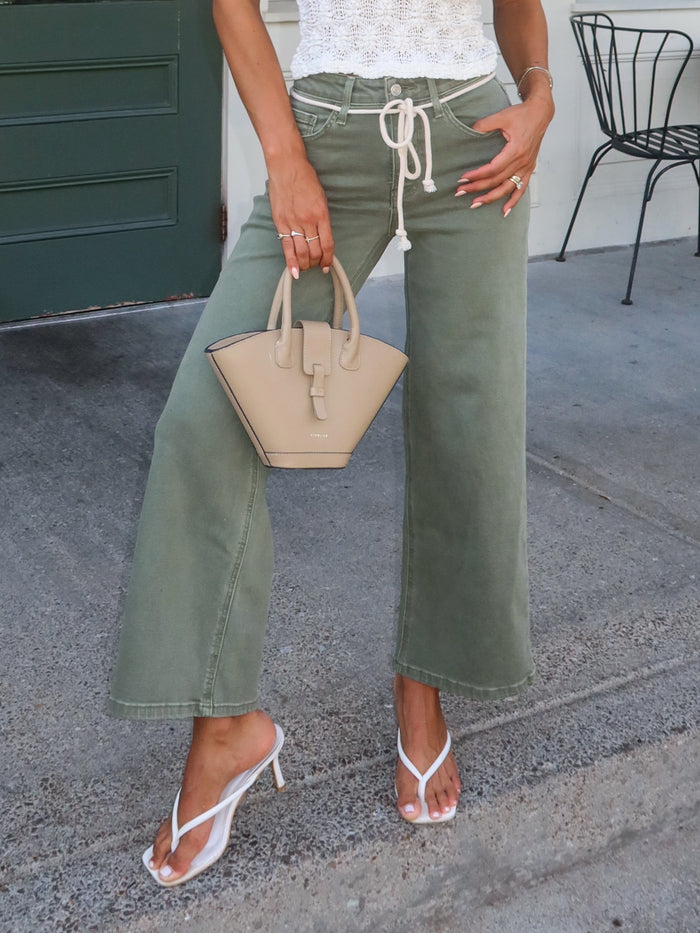 Wandering Wide Leg Jeans in Olive - Stitch And Feather