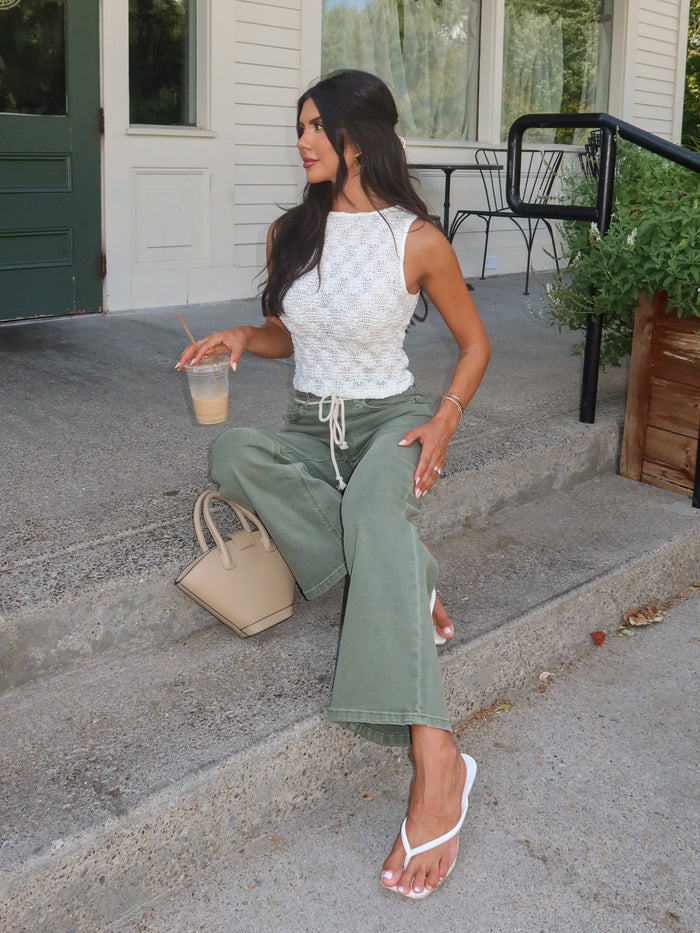 Wandering Wide Leg Jeans in Olive - Stitch And Feather