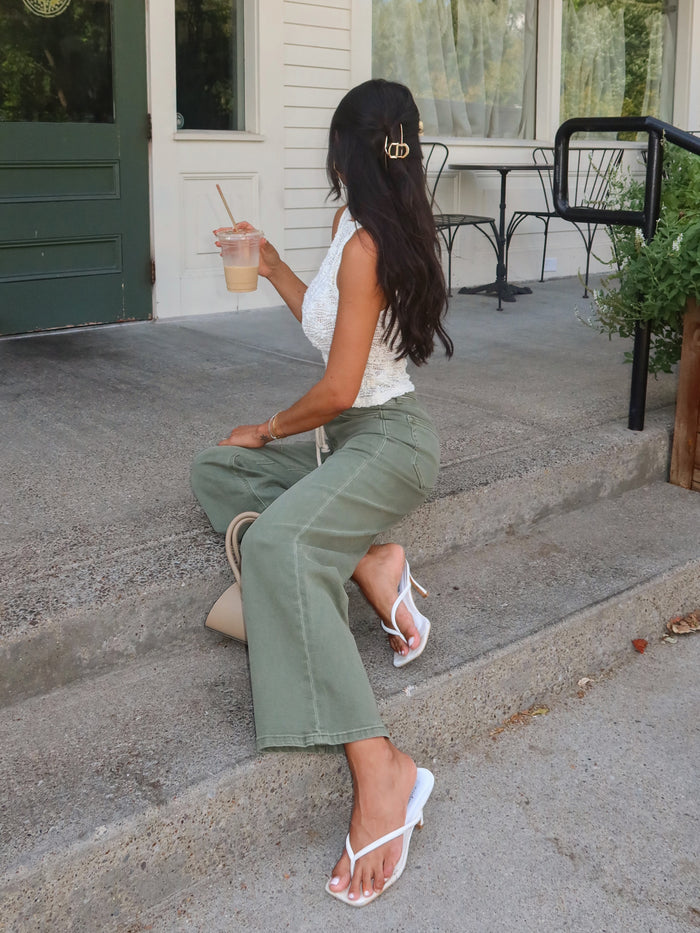 Wandering Wide Leg Jeans in Olive - Stitch And Feather