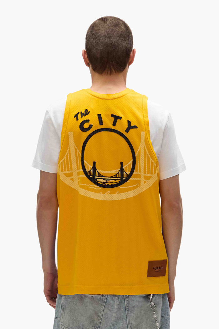 Warriors Mesh Jersey in oversized fit with embroidered fabric applique graphics.