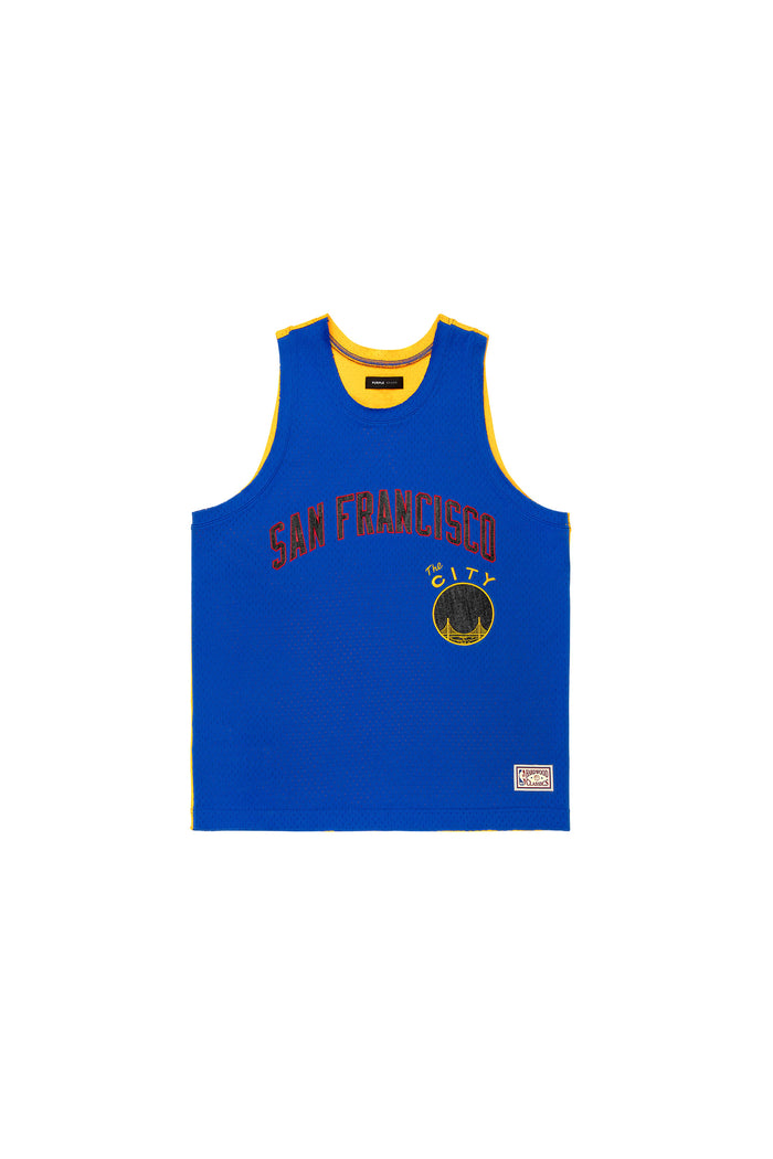 Warriors Mesh Jersey in oversized fit with embroidered fabric applique graphics.