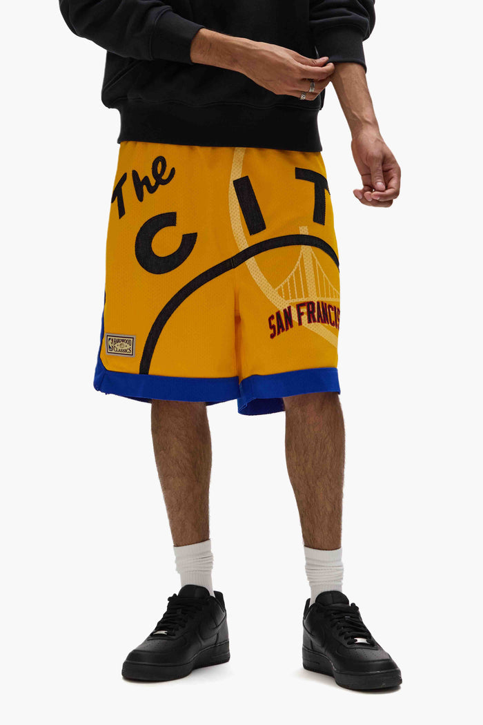 Warriors Mesh Shorts with elastic waistband and drawcords, featuring heavyweight sport mesh.