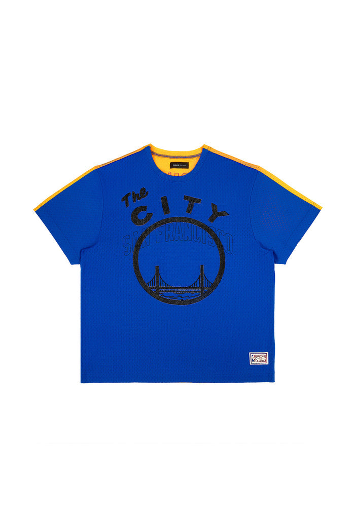 Warriors Mesh Tee, oversized fit, black polyester sport mesh with embroidered graphics.