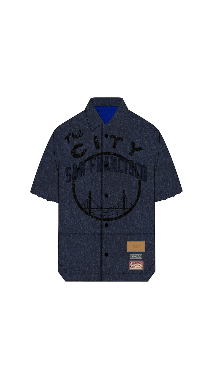 Warriors Snap Shirt in raw indigo denim front and heavyweight sport mesh back, oversized fit.