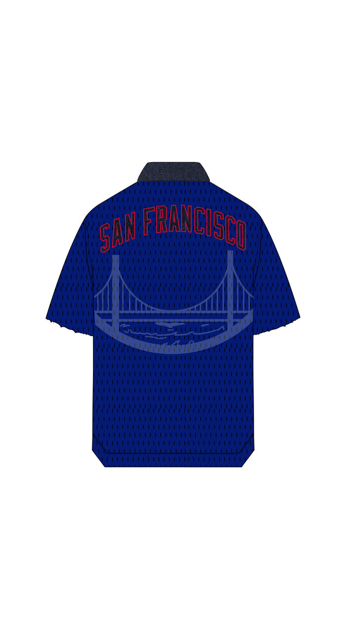 Warriors Snap Shirt in raw indigo denim with heavyweight sport mesh back and oversized fit.