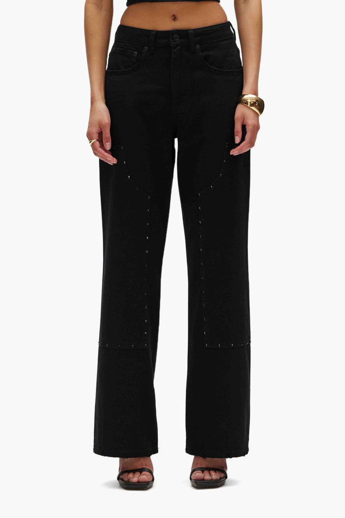 Wide Carpenter Rhinestone Denim Jeans with double knee panels and hammer loop accessory.