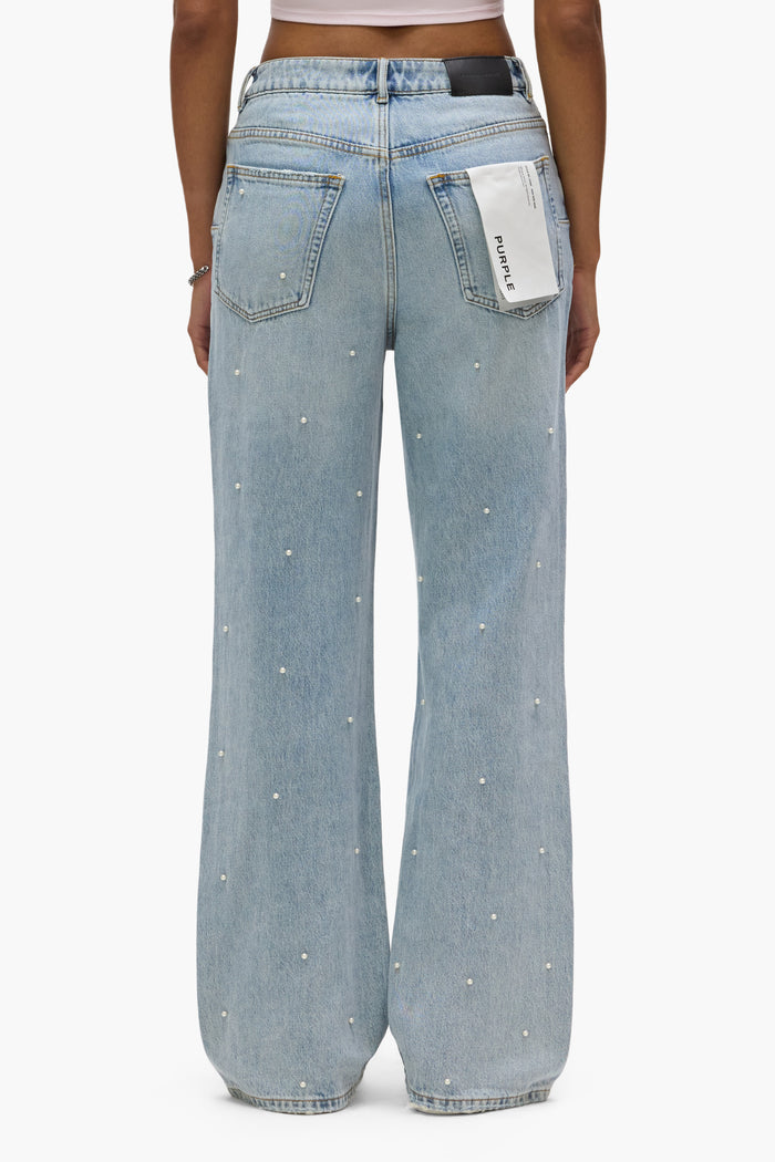 Wide Pearl Hotfix high-rise denim with hotfix pearls, available in sizes 24 to 34.
