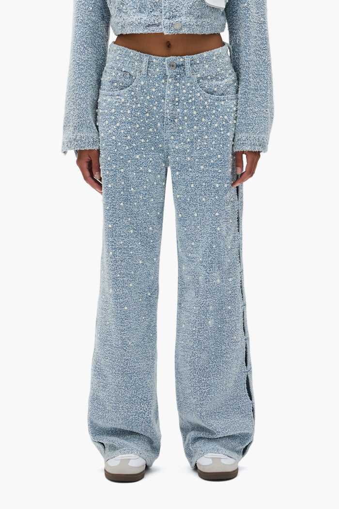 Wide Textured Pearl Cut Out Wide Leg Denim with Cut Out and Pearl Studs on Side Seams