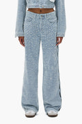 Wide Textured Pearl Cut Out Wide Leg Denim with Cut Out and Pearl Studs on Side Seams