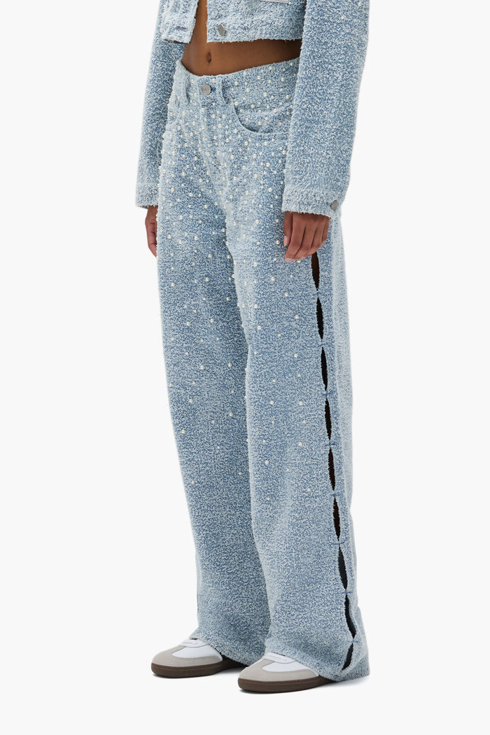 Wide Textured Pearl Cut Out Wide Leg Denim with Cut Out and Pearl Studs on Side Seams