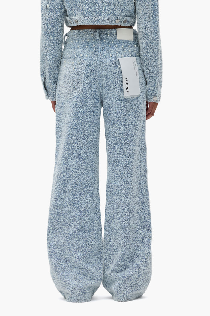 Wide Textured Pearl Cut Out Denim in wide leg style with pearl studs on side seams