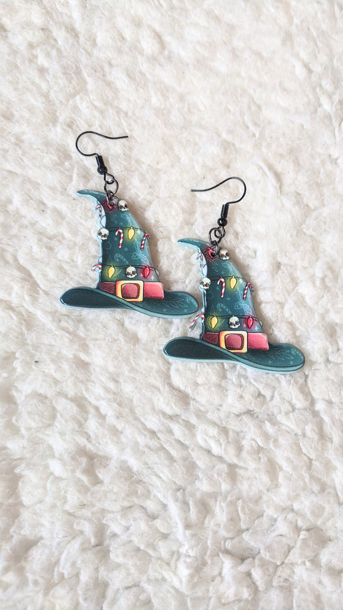 Witches Hats Xmas Lights With Skulls Alternative Christmas Acrylic Earrings