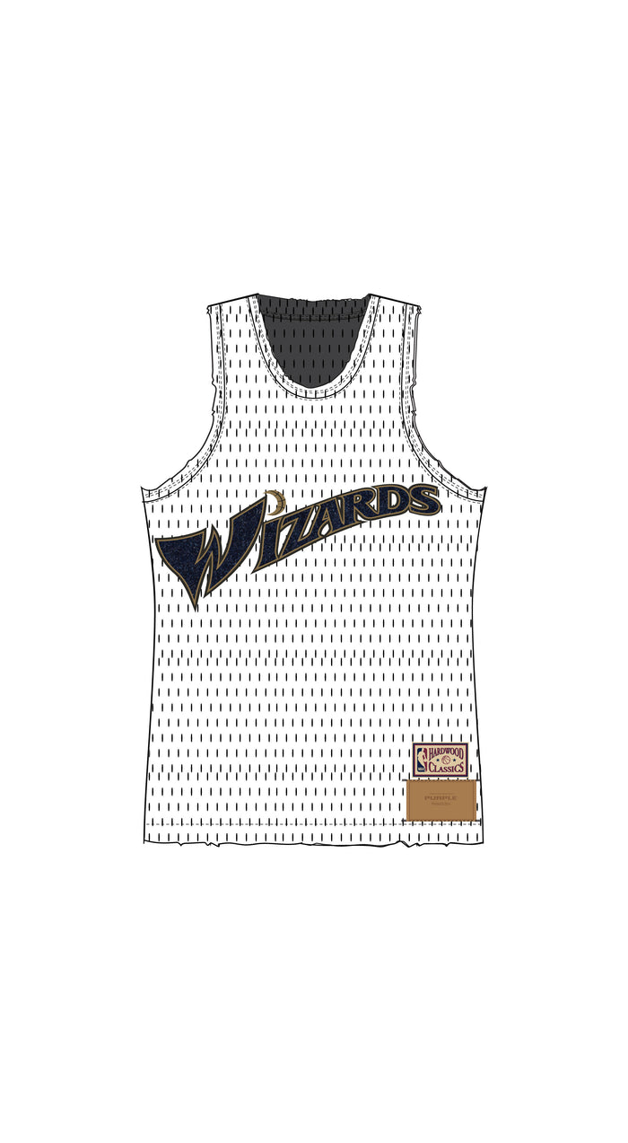 Wizards Mesh Jersey, white heavyweight sport mesh shirt with embroidery and raw edge finish.