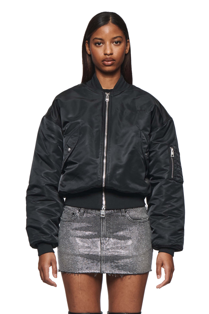 Wordmark Bomber Jacket with Purple Brand lettering on left chest, woven nylon outerwear.