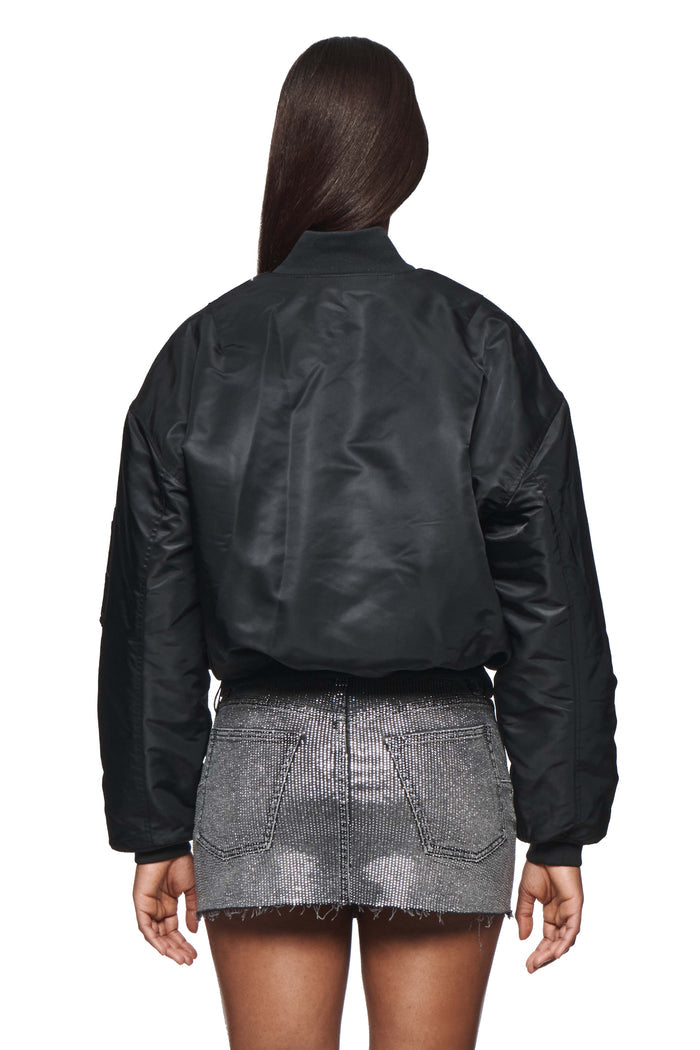 Wordmark Bomber Jacket with Purple Brand lettering on the left chest, XXS size.