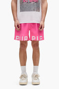 Wordmark Cut All Around Short in pink with elastic waistband and water-repellent treatment.